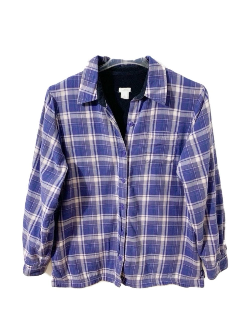 L. L. Bean Fleece Lined Button Front Long Sleeve Plaid  Shacket Pointed Collar